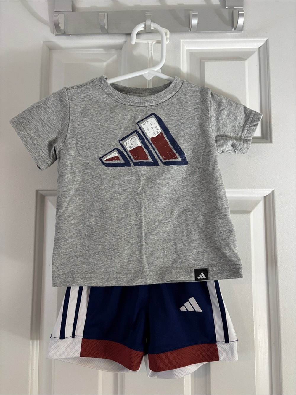 adidas Grey Tee with Navy and Red Logo + Navy Athletic Shorts